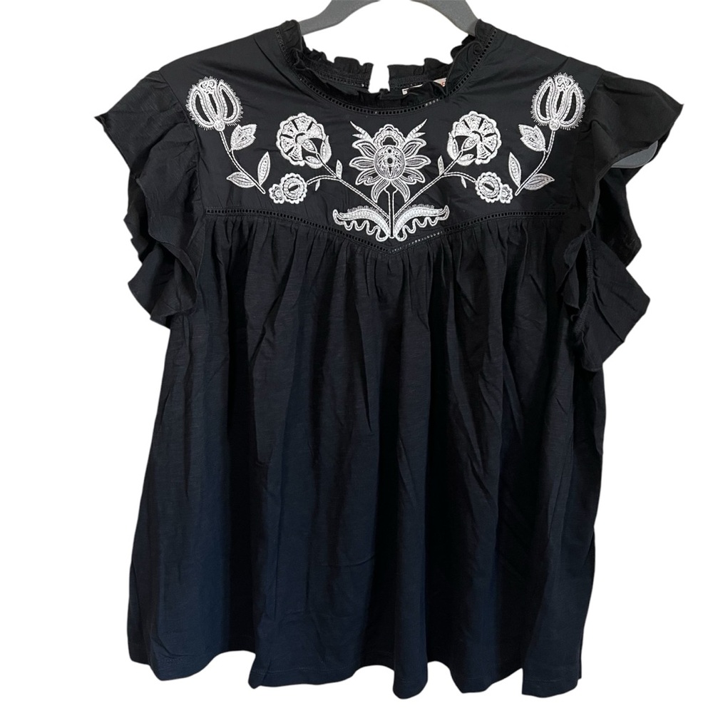 FINAL PRICE Knox Rose Black Blouse with White Embroidery